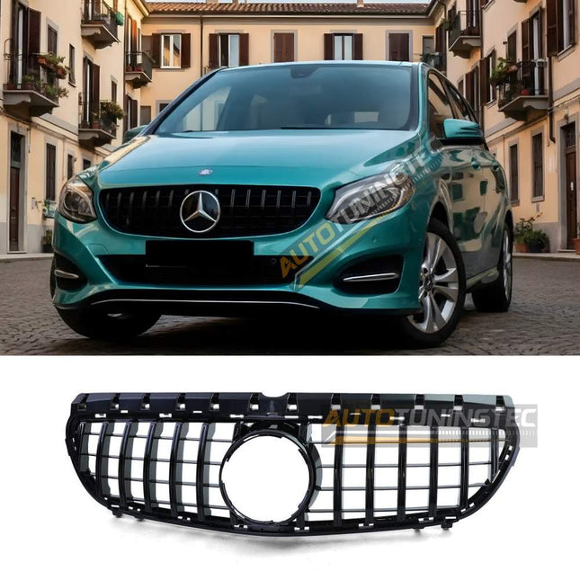 Griglia anteriore Mercedes B W246 2014-2018, look GTR nero lucido, vista frontale del veicolo.