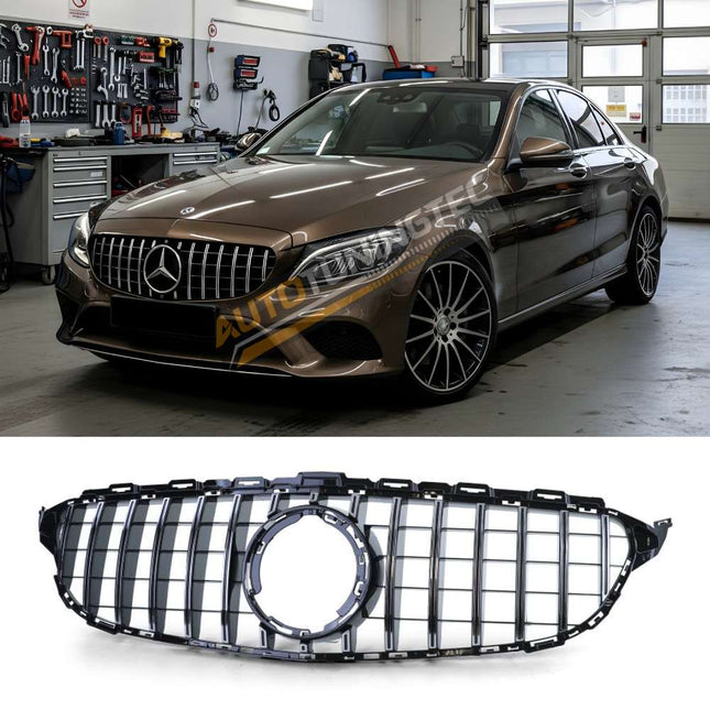 Griglia anteriore look Sport GT nero lucido con listelli cromati per Mercedes Classe C W205 S205 2018-2021