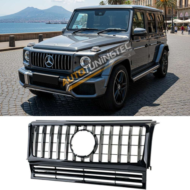 Griglia anteriore GTR Look AMG per Mercedes G W463 (1990-2018), finitura nero lucido con profili cromati.
