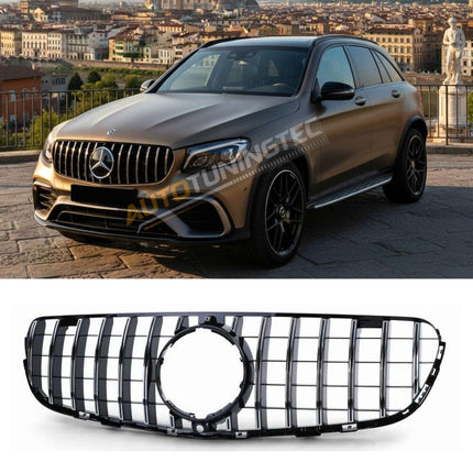 Griglia anteriore GT-R look AMG nero lucido con profili cromati per Mercedes GLC X253 2015-2019.
