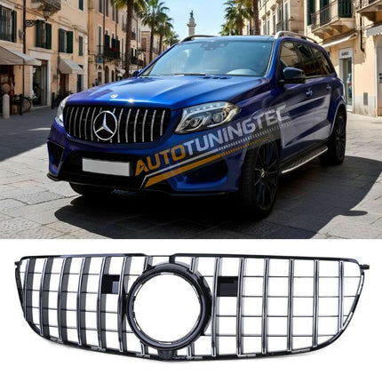 Griglia anteriore stile AMG GT-R nero lucido per Mercedes GLS X166 2015-2019 con profili cromati.