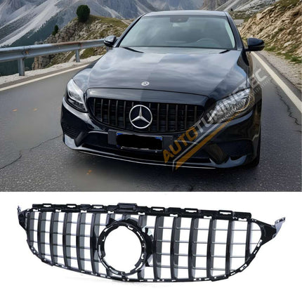 Mercedes Classe C W205 S205 2018-2021 con griglia anteriore sportiva AMG Look nero lucido, vista frontale.