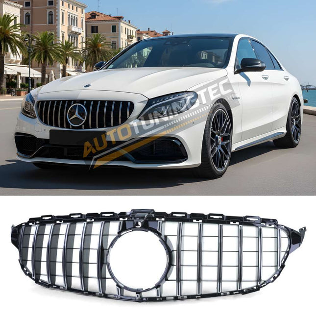 Griglia anteriore GT-R nero lucido con profili cromati per Mercedes Classe C W205 S205 2014-2018