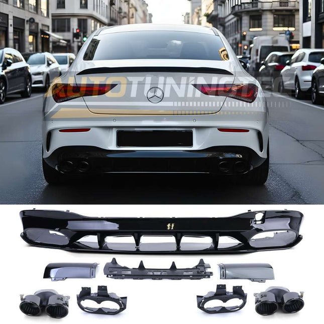 Diffusore posteriore AMG Sport look nero lucido per Mercedes CLA C118 2019-2022 con terminali neri