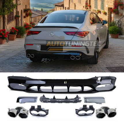 Diffusore posteriore AMG Sport look per Mercedes CLA C118 2019-2022 nero lucido con terminali cromati.