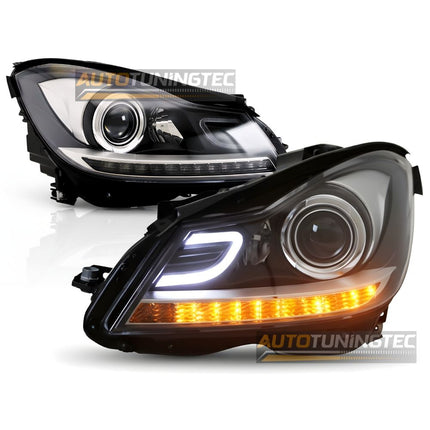 Coppia di fari anteriori LED neri lenticolari per Mercedes Classe C W204 2011-2015.