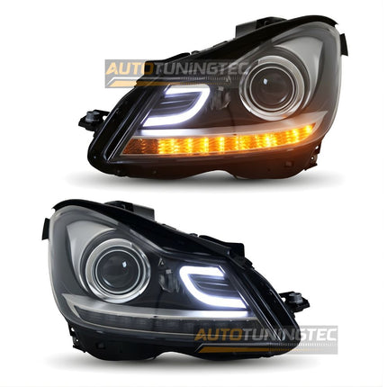 Fari neri con tecnologia LED per Mercedes Classe C W204, migliorano la visibilità.