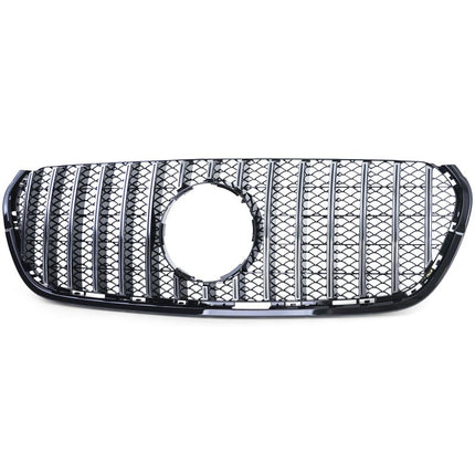 Dettaglio della mascherina AMG Look GTR su Mercedes X W470, finitura nero lucido e cromata.