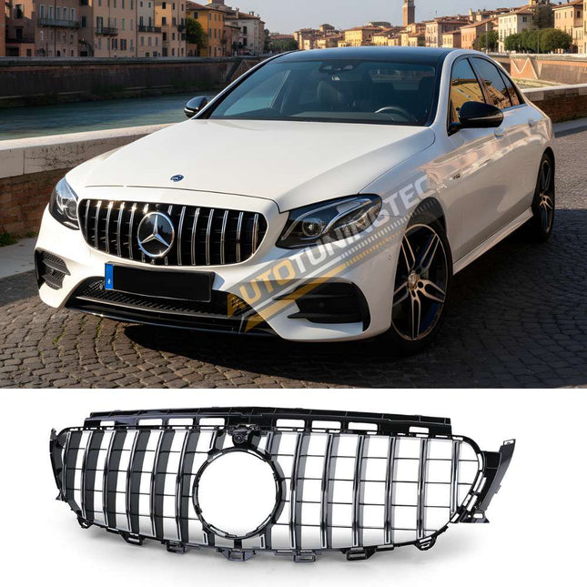 Griglia anteriore GT-R nero lucido con profili cromati per Mercedes Classe E W213 S213 2016-2020. Perfetta per Avantgarde