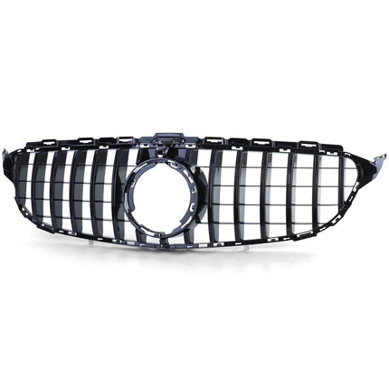 Vista laterale della griglia tuning Mercedes W205 S205 stile GTR, nero brillante, compatibile 2018-2021