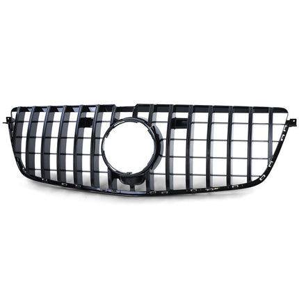 Dettaglio della griglia GT-R look nero lucido su Mercedes GL X166, compatibile con telecamera.