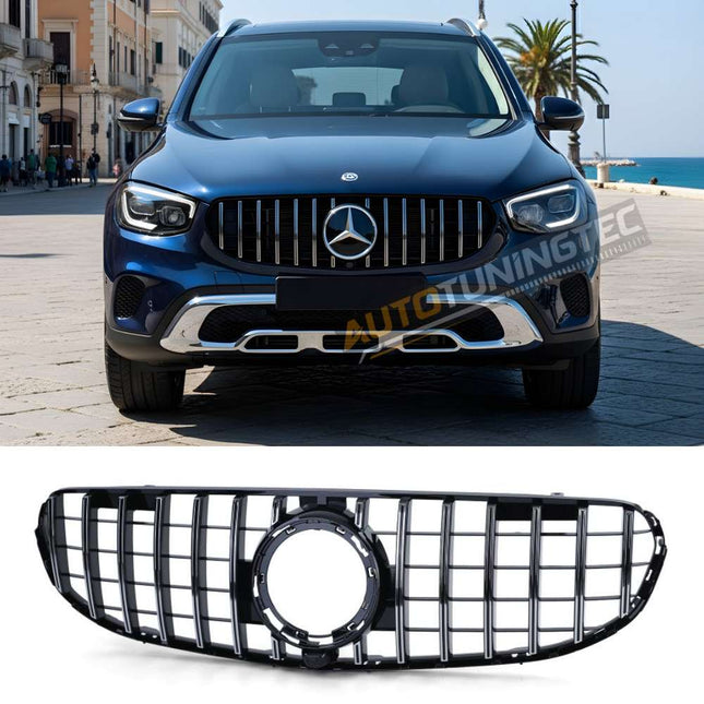 Calandra sportiva nero lucido cromato per Mercedes GLC C253 2019-2022, migliora estetica veicolo.