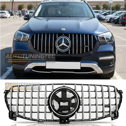 Griglia anteriore GTR AMG Look per Mercedes GLE W167 2019-2023, colore nero lucido con profili cromati.