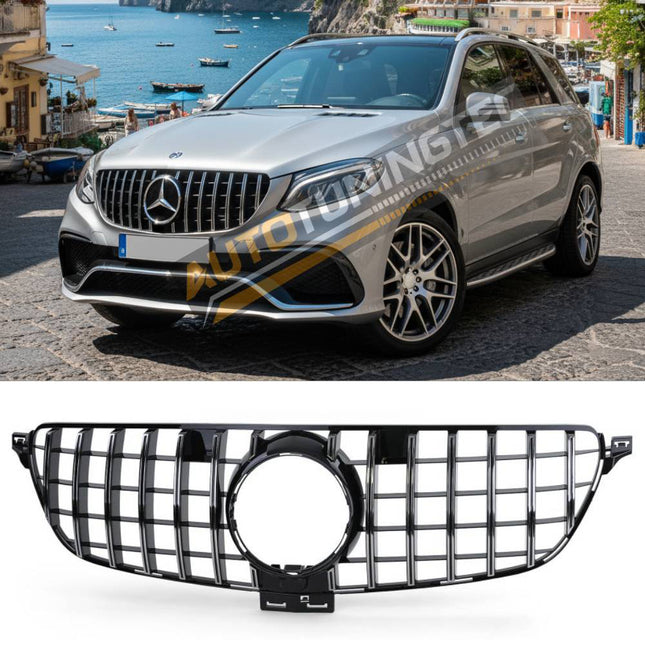 Griglia anteriore GT-R AMG look nero cromato per Mercedes GLE W166, modelli dal 2015 al 2019, senza telecamera frontale.