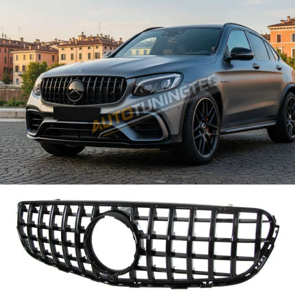 Griglia GT-R look AMG nero lucido per Mercedes GLC X253 2015-2019 con predisposizione telecamera frontale.