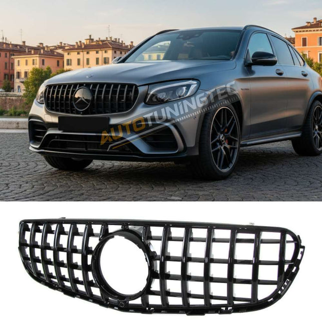 Griglia GT-R look AMG nero lucido per Mercedes GLC X253 2015-2019 con predisposizione telecamera frontale.