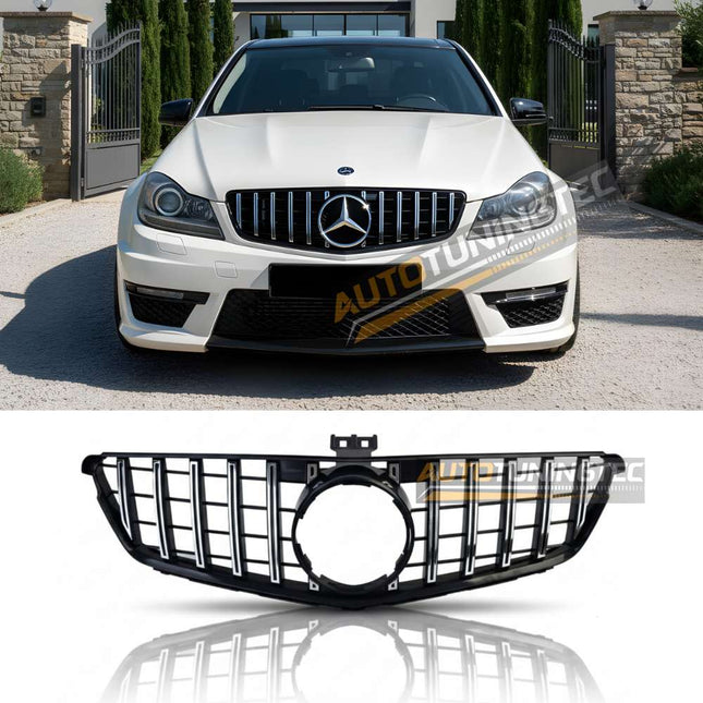 Griglia anteriore AMG look nero lucido con listelli cromati per Mercedes Classe C W204 berlina 2007-2014