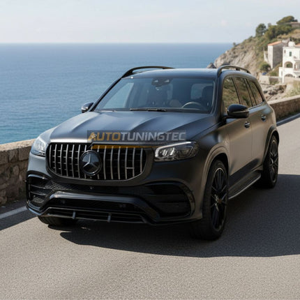 Immagine frontale Mercedes GLE W167 2019-2023 Griglia AMG GTR Look nero lucido.